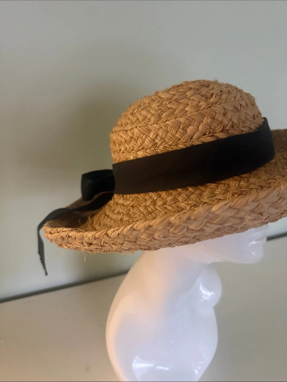 Helen Kaminski Wide-Brim Woven Rafia Hat with Black Ribbon